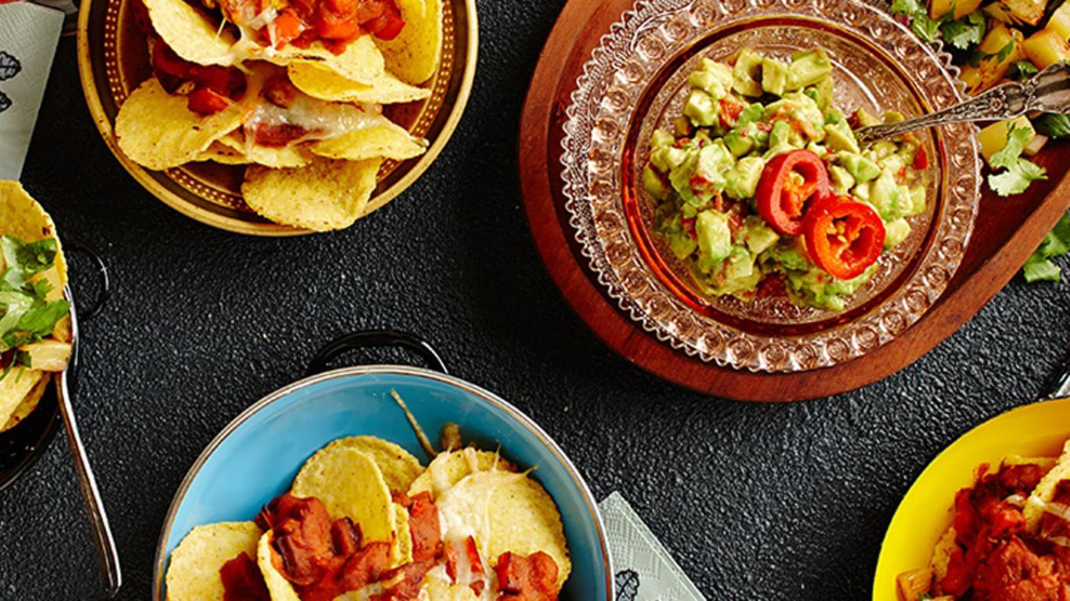 Nachos with Chorizo, Caramelised Pineapple Salsa and Red Chili Guacamole